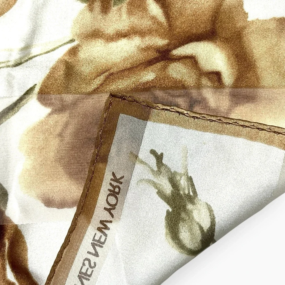 Anne Klein Silk Scarf Square Tan Green Rose Garden Elegant 21x21